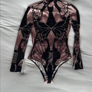 Fashion Nova Pink and Black Butterfly Graphic Long Sleeve Bodysuit